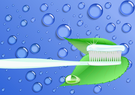 Toothpaste, toothbrush and green leaves on a background of water drops are shown in the picture.のイラスト素材