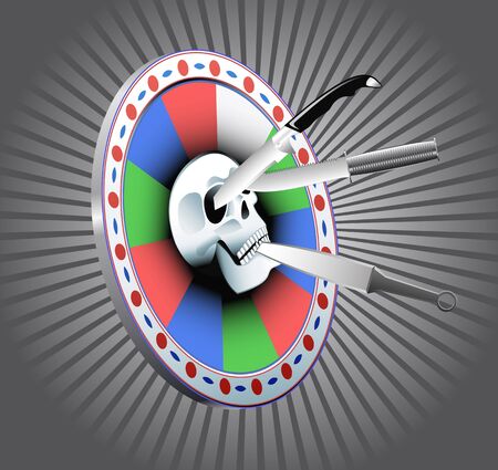 Target with a skull and throwing knives are shown in the image.のイラスト素材