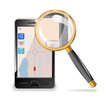 Mobile phone and a magnifying glass set in gold are shown in the image.のイラスト素材