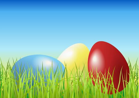 Colorful Easter eggs on green grass are shown in the image.のイラスト素材