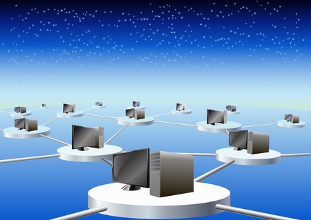 Computers connected in a network are shown in the image.のイラスト素材