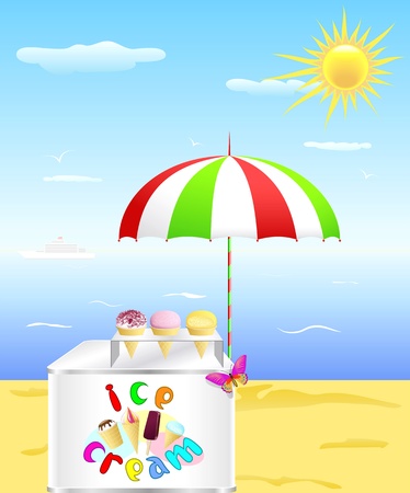 Tray with cold ice cream is on the beach in the hot summer のイラスト素材