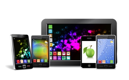 Tablet PC, mobile phones and player are shown in the image のイラスト素材