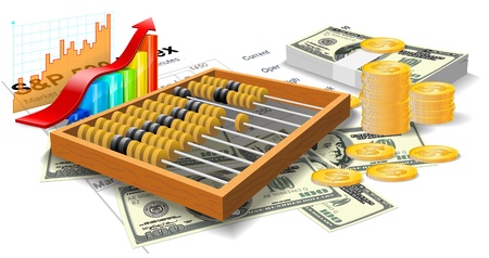 Wooden abacus, bills and coins are on the white background のイラスト素材