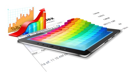 Tablet pc, charts and business summary are on the white background のイラスト素材