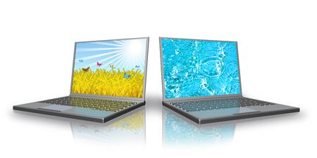 Two modern laptops are isolated on a white background.の写真素材
