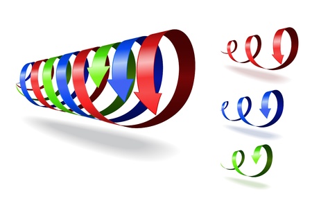 Set of red, blue, green spiral arrows on white background.のイラスト素材