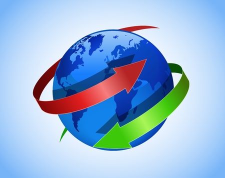 Globe and red and green arrows are shown in the image.のイラスト素材