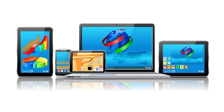 Laptop, tablet pc, mobile phone and navigator are shown in the image.のイラスト素材