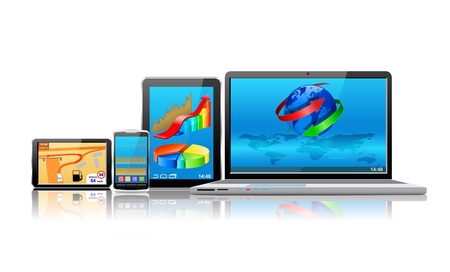 Laptop, tablet pc, mobile phone and navigator are shown in the image.のイラスト素材