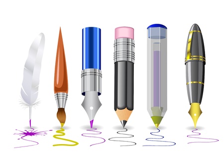 Quill, pens, pencil, brush are shown in the image.のイラスト素材