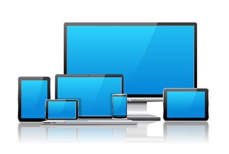 Laptop, tablet pc, mobile phone and navigator are shown in the image.のイラスト素材