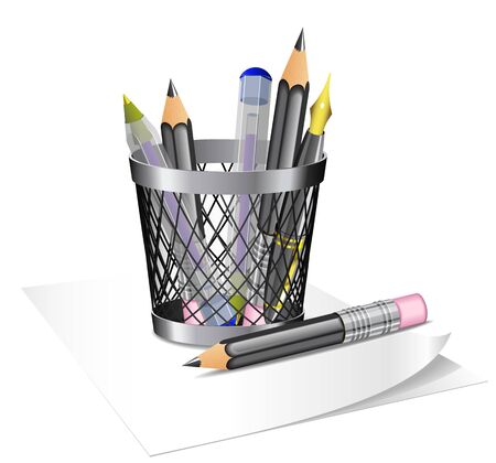 Steel bin with writing tools is on white background.のイラスト素材