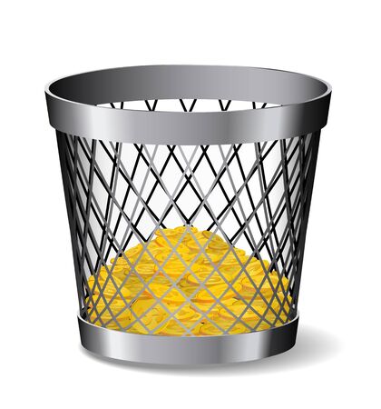 Steel paper bin with gold coins is on white background.のイラスト素材