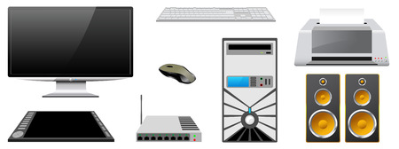 Computer case, monitor, printer, router, keyboard, mouse, speakers, graphics tablet are isolated on white background のイラスト素材