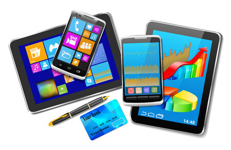 Office and home tablet computers, mobile phones of different generations, bank card and pen with gold nib as a successful business concept のイラスト素材