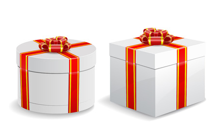 Square and round gift boxes with red bows and ribbons are isolated on white background のイラスト素材