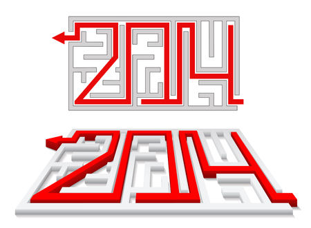 Red arrow in the labyrinth as a number 2014 on the white background のイラスト素材