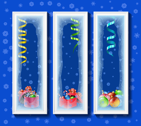 Christmas balls, toys, boxes in white framework, covered with frost.のイラスト素材
