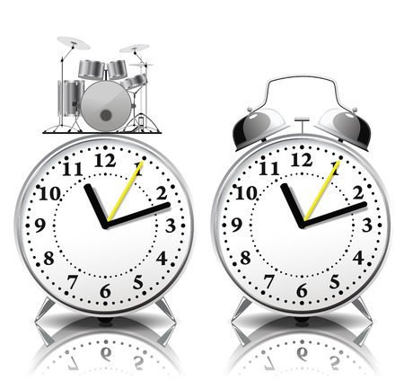 Alarm clock in a retro style and alarm clock with drum bell are on white background.のイラスト素材