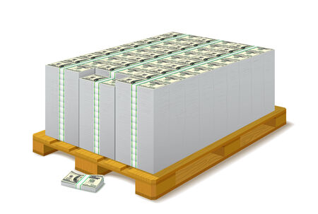 Pack of banknotes on a wooden pallet are on white background.のイラスト素材