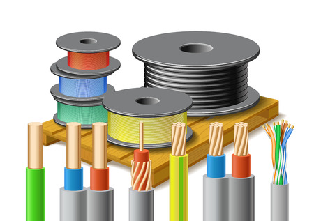 Different kinds of cables are on wooden pallet on white background.のイラスト素材