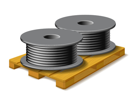 Coils with a black cord are on a wooden pallet on white background.のイラスト素材