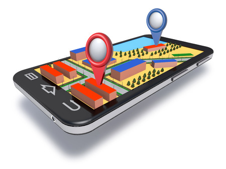 Mobile phone navigator with dimensional map is on white background.の写真素材