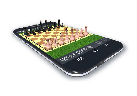 Black smartphone with chess software application is on white background.の写真素材