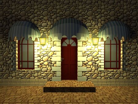 Front door of an old building and the windows under canopies of textiles at night.の写真素材