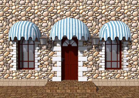 Front door of an old building and the windows under canopies of textiles at day.の写真素材