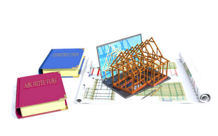 Laptop, model of the house and books on architecture and construction are on white background.の写真素材