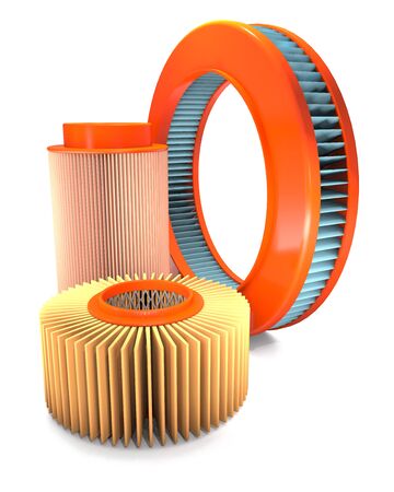 Different types of automotive air filters are on white background.の写真素材