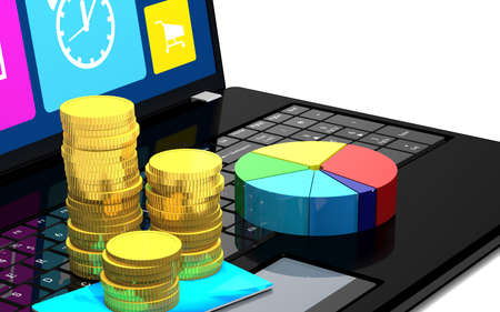 Laptop, credit card, coins and a diagram are on a white backgroundの写真素材