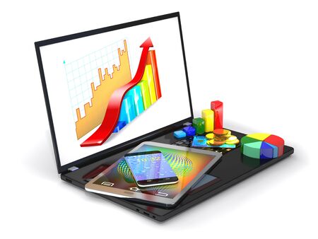 Laptop, tablet pc, smartphone, credit card, coins and a diagram are on a white backgroundの写真素材