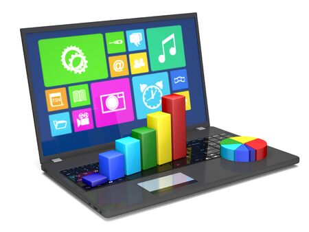 Laptop  and diagrams are on a white backgroundの写真素材