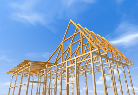 Wooden frame under construction apartment building against the sky.の写真素材