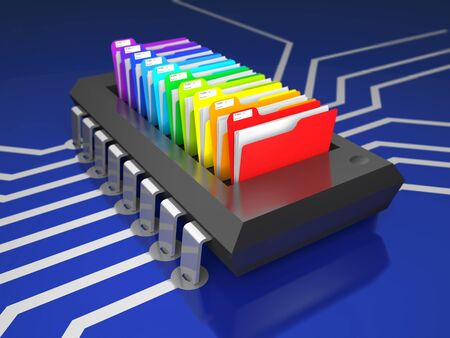 Chip and office folders on printed circuit board (3d illustration).の写真素材