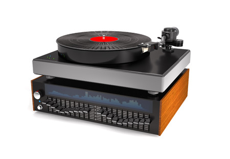 Sound equalizer, turntable, vinyl record on white background (3d illustration).の写真素材