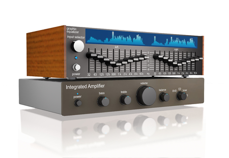 Audio integrated power amplifier and graphic equalizer on white background (3d illustration)の写真素材