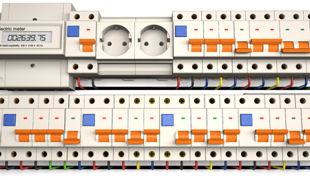 Circuit breakers, socket and electric meter are on a white background (3d illustration).