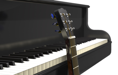 Acoustic guitar and classical grand piano on white background (3d illustration).の写真素材