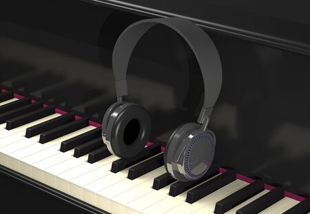 Modern headphone on the classic piano keyboard (3d illustration).の写真素材