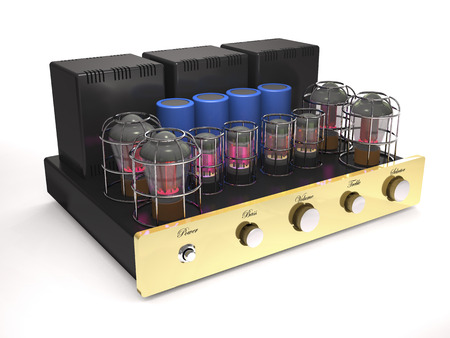 Vintage tube amplifier with glowing valves on white background (3d illustration).の写真素材