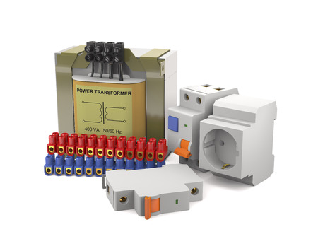 Power transformer, electrical switches, connecting pads on white background (3d illustration).の写真素材