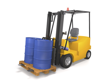Forklift for an industrial warehouse with a pallet and barrels on white background (3d illustration).の写真素材
