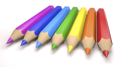 Children's color pencils as a rainbow colors on white background (3d illustration).の写真素材