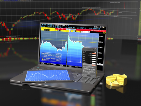 Laptop, tablet and smartphone with business applications on financial exchange background (3d illustration).の写真素材