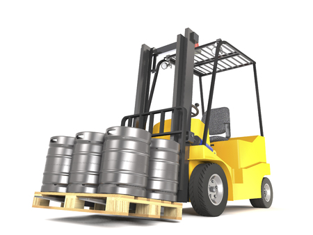 Forklift with pallete of beer kegs on white background (3d illustration).の写真素材