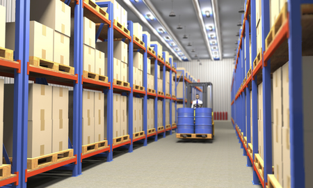 Forklift, racks, pallets in industrial warehouse (3d illustration).の写真素材